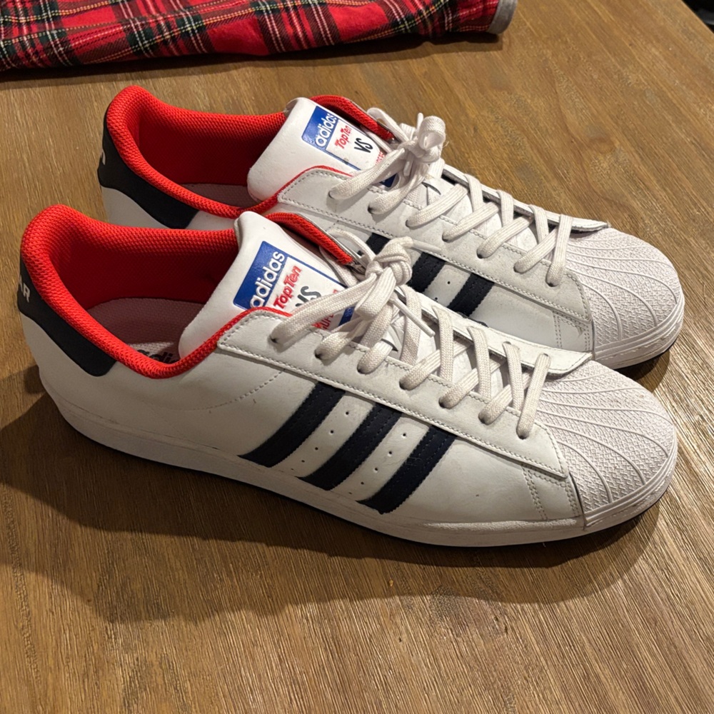 Adidas Superstar Red, White, and Blue Sneakers